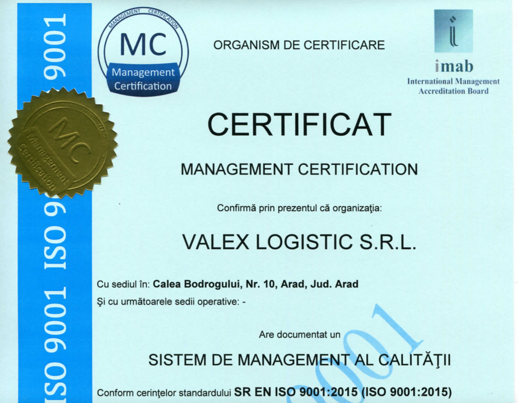 Valex logistic ISO-9001 Compliant.
Logistic services across Europe.